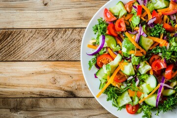 The mixed green salad with cucumber, bell peppers, cherry tomatoes, and parsley on a white plate is a healthy meal.