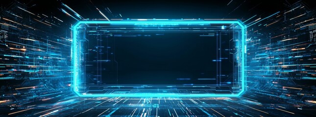 Poster - This futuristic digital screen or game interface design concept has a blue technology background with neon light and empty space for text.