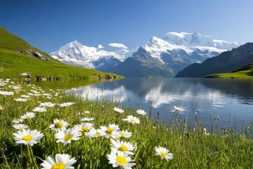 An early morning sunrise on the Bachalpsee Lake in Grindelwald, Switzerland