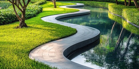 The design of a garden pathway and landscape. Also known as a footpath, pathway, patio, or a concrete slab. Includes natural plants, flowers, bush, large plants, lawns, and grass.