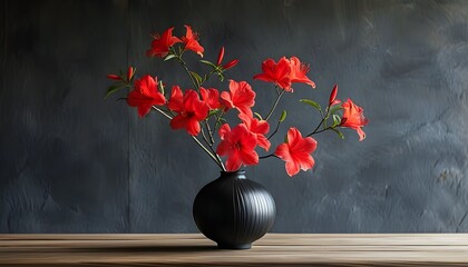 Wall Mural - Vibrant red flowers in a modern black vase atop a wooden table, creating striking contrast against a textured dark wall in minimalist decor.