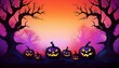 © jeksonjs - Spooky Pumpkins with Haunted Forest. Black Silhouette Pumpkins Lining the Bottom with Twisted Tree Branches Framing the Scene and Vibrant Colors. Copy Space Available. Graphic art illustration