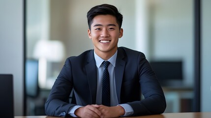 Wall Mural - A young man in a suit, smiling and looking at the camera