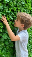 Canvas Print - A young boy reaching up to touch a plant on the wall, AI