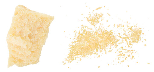 Sticker - Pieces of parmesan cheese isolated on white background. Top view. Flat lay