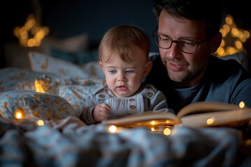 Sticker - father reading a bedtime story to his child, creating a magical and loving evening routine 