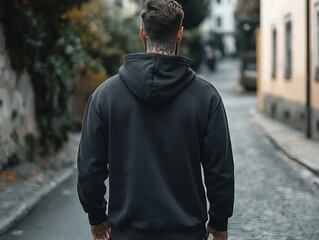 Mockup of a young man wearing a blank black hoodie against the background of a city street. Back view.