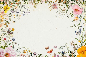 A beautiful vintage floral border with small butterflies and vines on white paper