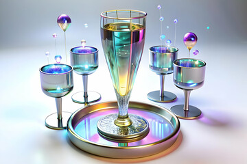 3D Holographic Champagne Flute Tower Icon | Medium Shot of Glowing Glasses with Intricate Patterns on White Background