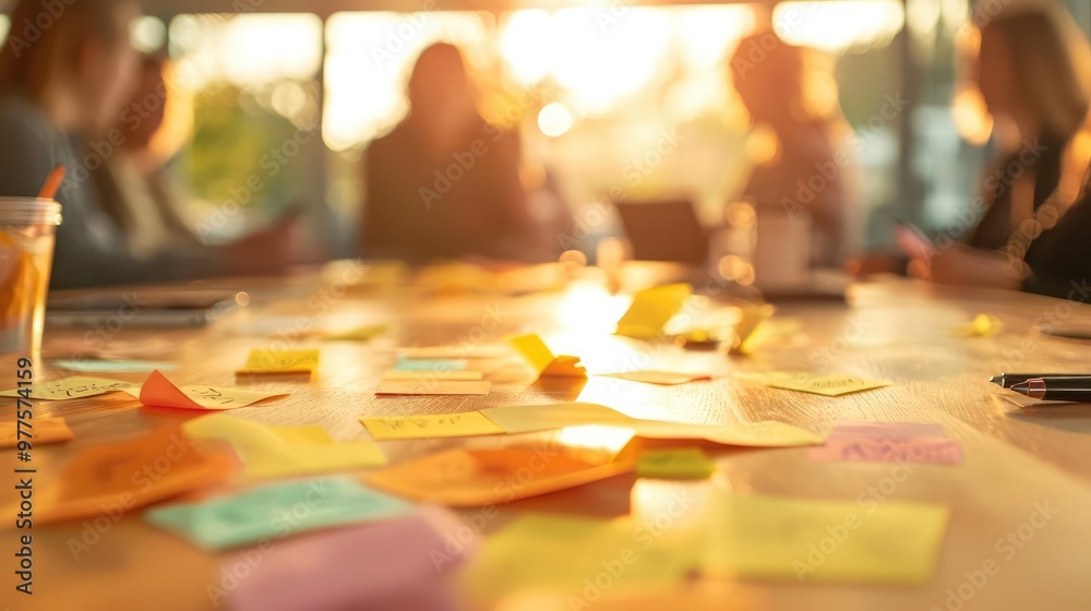 Group brainstorming around a table covered with sticky notes and ...