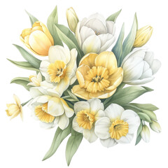 Wall Mural - A bouquet of yellow and white flowers with green leaves