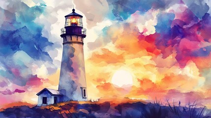 A vibrant watercolor painting of a lighthouse at sunset, surrounded by colorful clouds and a serene landscape.