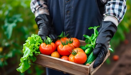 Organic farmer showcasing freshly harvested tomatoes and lettuce, emphasizing healthy eating with vibrant produce

