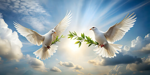 Two Floating Doves Holding Olive Branches Isolated on White Background Symbolizing Peace and Freedom for Human Rights Day - Weightless and Graceful Representation