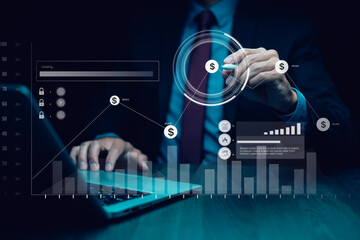 Wall Mural - businessman hand type on the laptop of company profit with colleagues partner explain with virtual dashboard statistic chart stock infographic, graphs, cryptocurrency, and new trading platforms