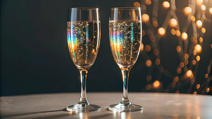 Elegant Flat Holographic Champagne Flutes - Wide Shot Illustration of Two Sparkling Glasses with Glowing Effervescent Liquid on White Background