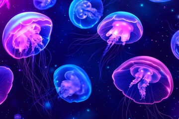 Painting of jellyfish underwater in ocean landscape, a picturesque natural environment with harmonious colours in soft hues