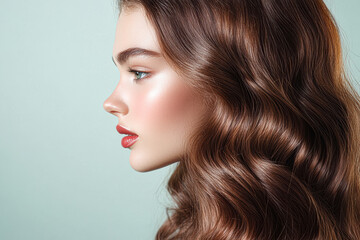 Wall Mural - A woman with long brown hair and a red lip