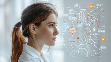 A neurosurgeon works on a monitor with an image of the human brain and nervous system in a futuristic laboratory