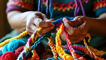 Warm embrace of vibrant yarn in skilled hands, celebrating the intricate art of knitting and the joy of handmade crafts