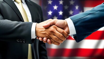 Wall Mural - International cooperation symbolized through a close-up handshake between business professionals with flags representing global unity in the background