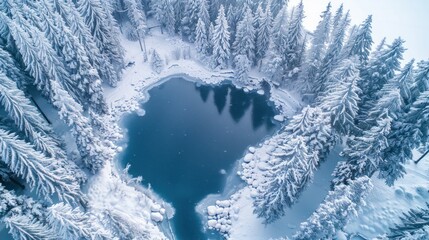 Wall Mural - Aerial View of a Frozen Lake in a Snowy Forest