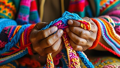 Warm embrace of vibrant yarn in skilled hands, celebrating the intricate art of knitting and the joy of handmade crafts