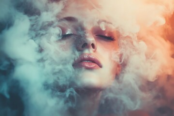 Poster - Mystical woman surrounded by colorful smoke, ethereal and dreamy concept photo