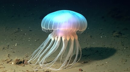 Poster - A jellyfish is glowing in the dark on a sandy beach, AI