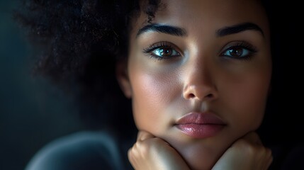 Wall Mural - Close-up Portrait of a Young Woman with Dark Hair and Intense Eyes