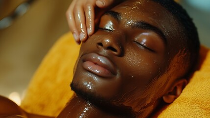 An African male model reclining on a spa chair, eyes closed, while a beautician gently applies a vitamin-infused oil to his face