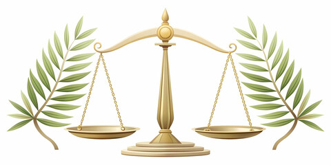 Flat Vector Illustration of Two Floating Scales of Justice with Olive Branches Symbolizing Fairness and Peace for Human Rights Day, Glowing Against a White Background