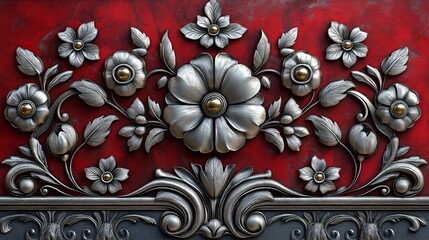 Sticker - Intricate silver floral design with gold accents on a red background.