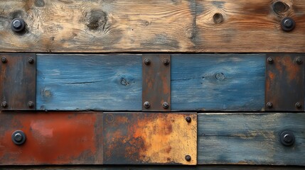 Wall Mural - Close-up of rustic wooden planks with metal accents.