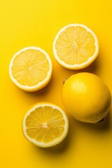 Poster - Simple, bright image featuring three lemon halves and a whole lemon arranged artistically on a yellow background.