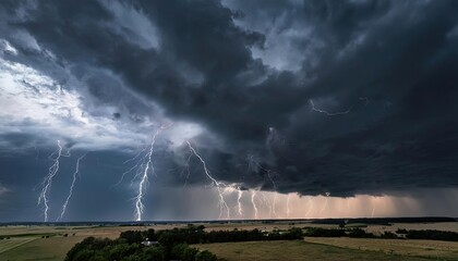 Wall Mural - Lightning strikes over fields