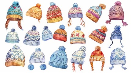 set of different watercolor winter hats on white background for printing, fabric