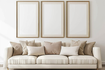 A white couch with three empty frames on the wall behind it.,