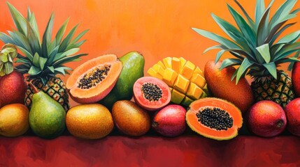 A vibrant display of tropical fruits including pineapples, mangoes, and papayas, set against a bright background.