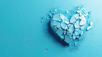 Wall Mural - A shattered heart symbol for depression, placed on a pastel blue background with subtle lighting. Focus on the broken heart. No people.