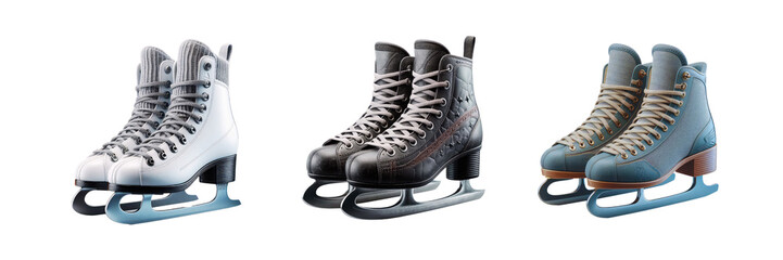 Set of Three pair of ice skates, isolated over on transparent white background