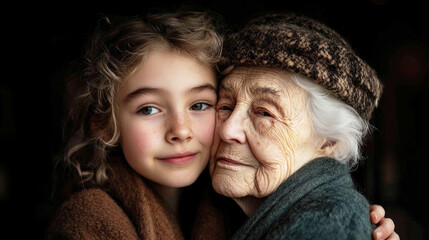 A girl and an elderly woman with gray hair put their faces together and hug each other on a dark background. The scene is warm and loving. Emotional bond, relationship between generations.