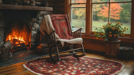 Poster - Cozy Cabin Interior with Rocking Chair and Fireplace