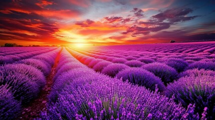 A vibrant landscape of a lavender field in full bloom, stretching to the horizon under a colorful sunset.