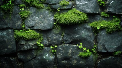 Canvas Print - A mossy stone wall with green plants growing in the cracks.