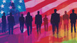 © ChristacilinCreative - A patriotic political banner with an america flad in background and silhouettes of various people in business suits politicians standing in front presentation graphic