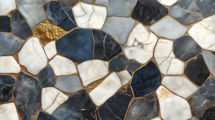 A close-up of a decorative mosaic floor made of white, black, and gray stone.