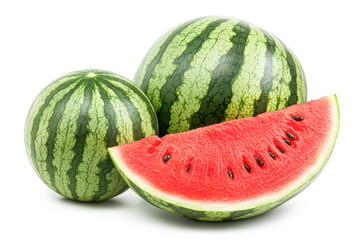 Canvas Print - Refreshing Organic Watermelon with Juicy Red Flesh and Cut Slice on White Background