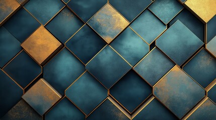 Wall Mural - Abstract geometric pattern with teal and gold squares.