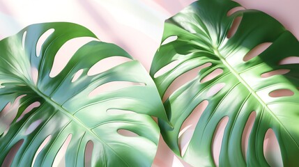 Wall Mural - Fresh green monstera leaves with unique patterns, perfect for home decor, nature themes, and tropical designs.